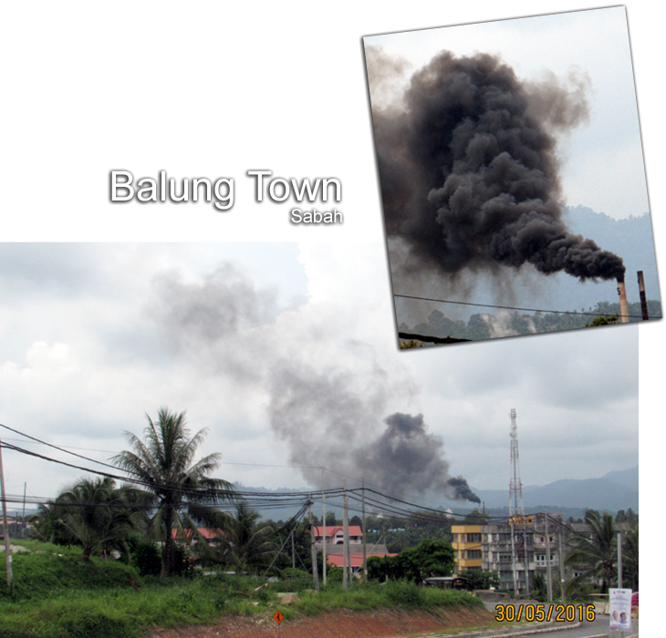 Smoke spills from palm oil factory in deforested rainforest area Balung Town