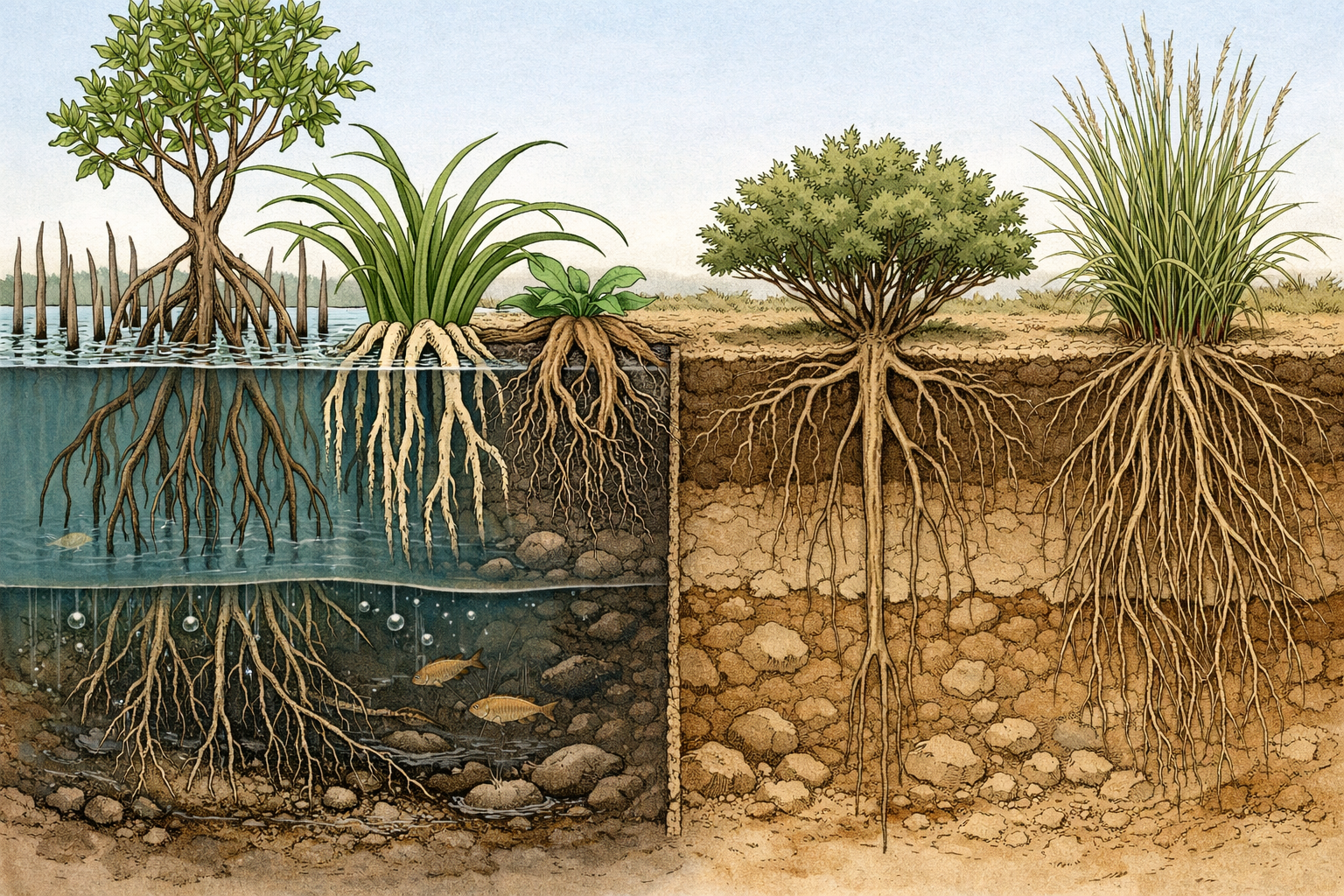 Comparison of plant roots adapted to flooded soil and well-drained soil