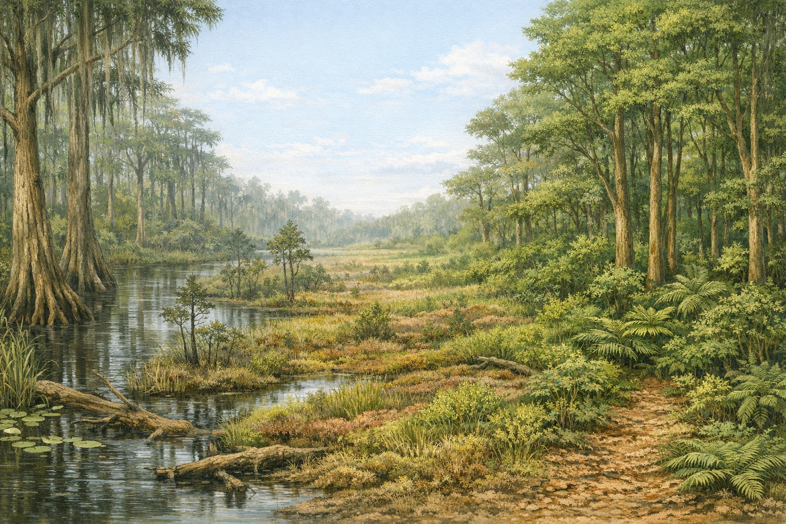 Different plant communities growing in swamp, peat, and well-drained forest environments